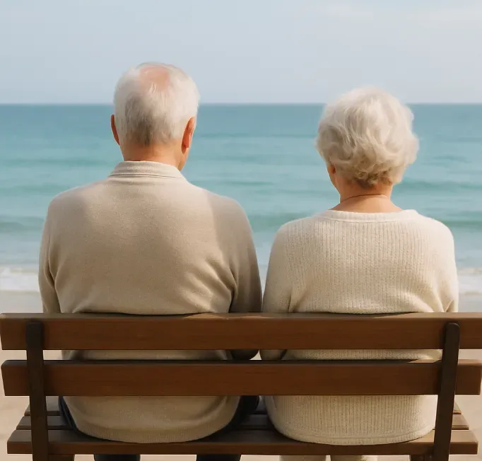 Couple sénior assis sur un banc au bord de l'eau